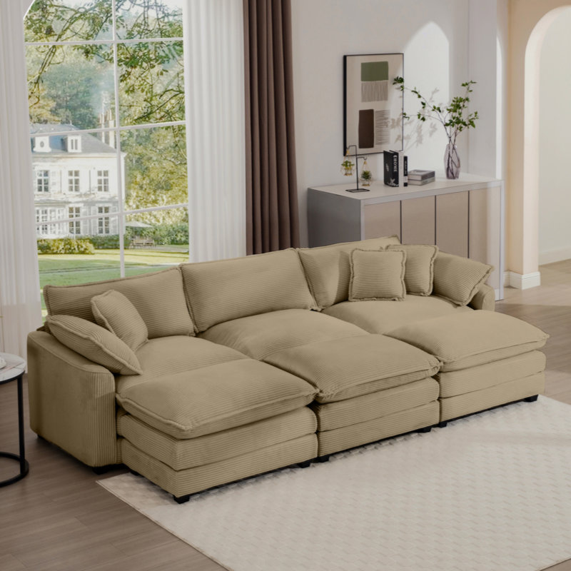 Oversized Modular Cushion Sofa Portable Ottoman L Shaped Corner Low Back Deep Seating Spacious Sofa Setfor Home Apartment Living Room Set Corduroy